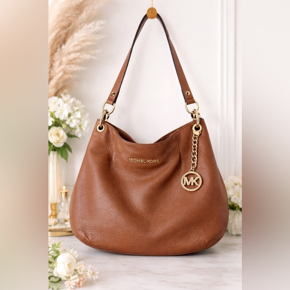 Michael Kors Brown Leather Hobo Bag Shoulder Purse Gold Tone Logo